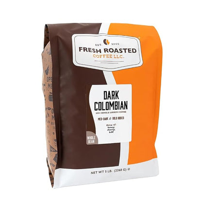 Fresh Roasted Coffee, 100% Dark Colombian Whole Bean Coffee, Med-Dark Roast, Kosher, 5 lb (80 oz)
