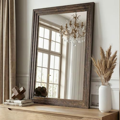 Farmhouse Rustic Wood Framed Bathroom Vanity Mirror for Wall, 26x38, Brown