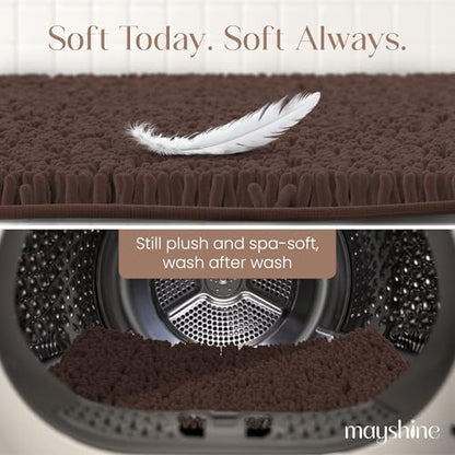 MAYSHINE Large Plush Shaggy Chenille Bath Mat 39"x24" Extra Soft, Super Absorbent, Non-Slip Bathroom Rug | Fluffy Microfiber, Area Rug Sets for Bathroom Floor, Kitchen, Living Room | Brown