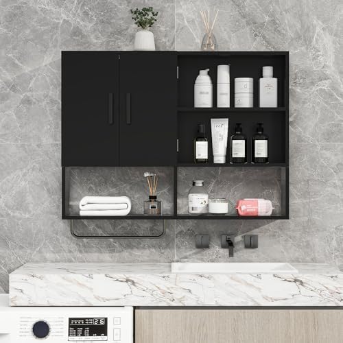 Bathroom Wall Cabinet, Medicine Cabinet with 2 Doors, Black