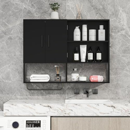 Bathroom Wall Cabinet, Medicine Cabinet with 2 Doors, Black