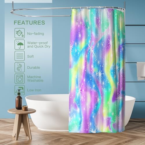 Rainbow Shower Curtain Holographic Gradient Colorful Kids Shower Curtain for Bathroom, Waterproof Polyester Machine Washable Home Decor Bath Curtains with Hooks, 72 x 72 Inch