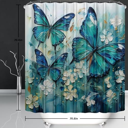 Chrainy 4pcs Green Butterfly Shower Cutain Set Bathroom Decor with Rugs