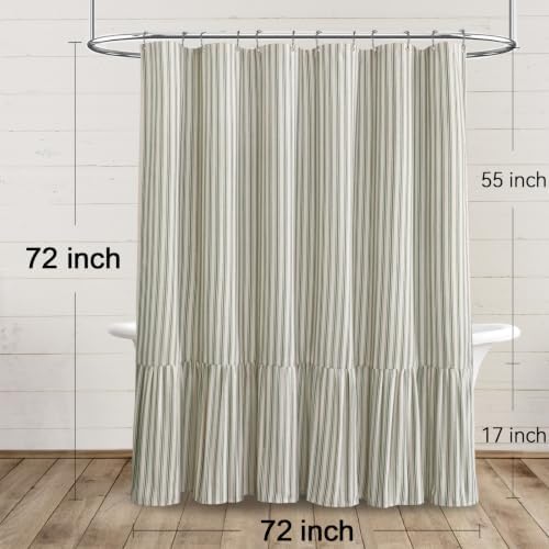 Farmhouse Shower Curtain Ruffle Linen Cream-Green Stripe 72"W x 72"L