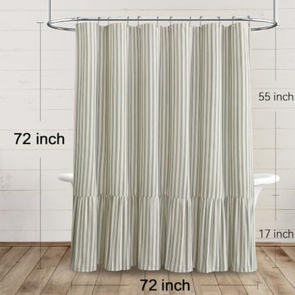 Farmhouse Shower Curtain Ruffle Linen Cream-Green Stripe 72"W x 72"L