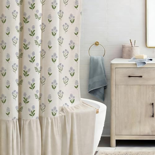 ORTIGIA Linen Textured Ruffle Shower Curtain 72x72 Inch with Metal Hooks, Vintage Blue Green Floral Flowers Block Print Boho Waterproof Bath Curtain for Rustic Farmhouse Bathroom Decor