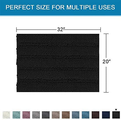 H.VERSAILTEX Bath Rugs for Bathroom Non Slip Bath Mats Extra Thick Chenille Striped Rug 20" x 32" Absorbent Non Skid Fluffy Soft Shaggy Washable Dry Fast Plush Mat for Indoor, Bath Room, Tub - Black