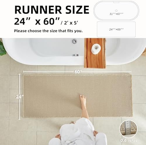 TYUU Waffle Runner Rug Bathroom, Long Boho Bath Mat, 60x24 Pale Beige