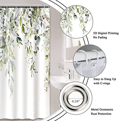 AWERT Small Stall Shower Curtain with Hooks Watercolor Plants Green Leaves 48x72 inch Half Size Shower Curtain for Bathroom/RV and Camper