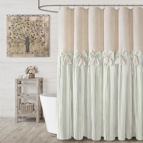 Farmhouse Shower Curtain Linen Bow Pleated Green Stripe 72"W x 72"L