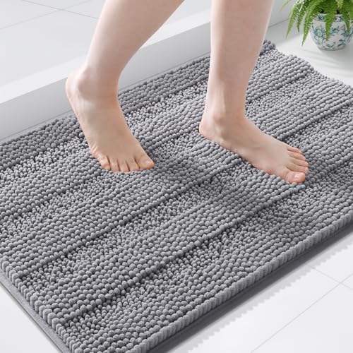 Grandaily Chenille Striped Bathroom Rugs 44x24, Extra Thick and Soft Absorbent Bath Mats, Rubber Backing, Plush Shaggy Shower Carpet, Machine Wash Dry, Bath Rug for Bathroom, Grey