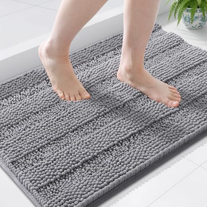 Grandaily Chenille Striped Bathroom Rugs 44x24, Extra Thick and Soft Absorbent Bath Mats, Rubber Backing, Plush Shaggy Shower Carpet, Machine Wash Dry, Bath Rug for Bathroom, Grey