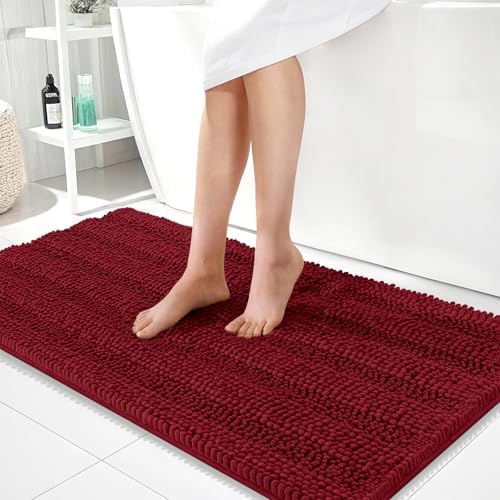 OLANLY Thick Bathroom Runner Rugs 44x24, Soft Chenille Long Bath Rugs, Red