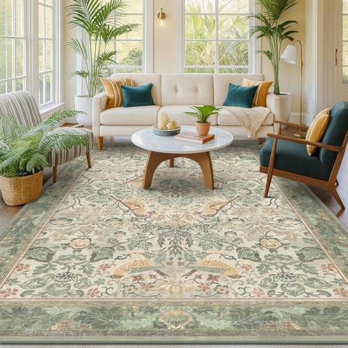 Hazo Haus Washable Living Room Rug 7x9 - Sage Floral Nature Rugs for Bedroom, Dining Room Kitchen Table Rug for Under Table, Office, Stain Resistant Non-Slip Large - Sage Green/Beige