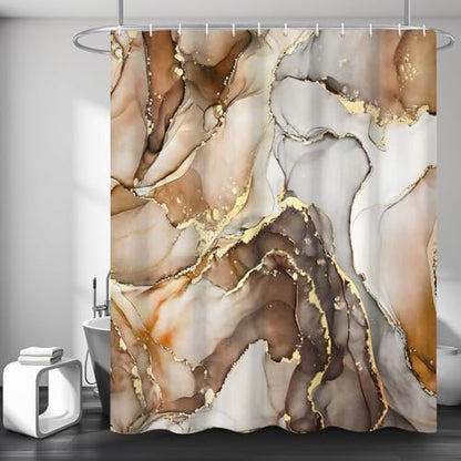 Brown Marble Shower Curtain, Modern Abstract Luxury Brown Gold Ink Texture Watercolor Art Bathroom Curtains Ombre Machine Washable Waterproof Fabric Bathtub Curtain Set with Hooks 72" Wx84 L