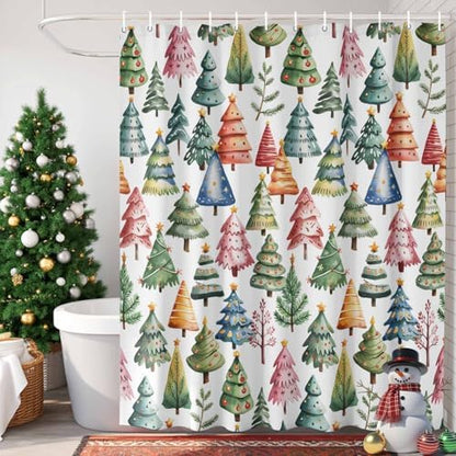 Christmas Tree Shower Curtain Bathroom Set Star Xmas Pine Trees Waterproof Shower Curtains with Grommets Hooks Colorful Cartoon Style Privacy Bath Curtain for Bathtub Decor 36x72in