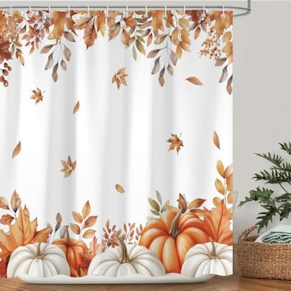 Fall Pumpkins Shower Curtain, Autumn Maple Leaf Leaves Harvest Thanksgiving Farmhouse Bathr Curtains Set,Waterproof Fabric Bathroom Curtains Decor 72X78IN