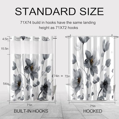 No Hook Shower Curtain and Liner Set, Black Boho Floral 71x74