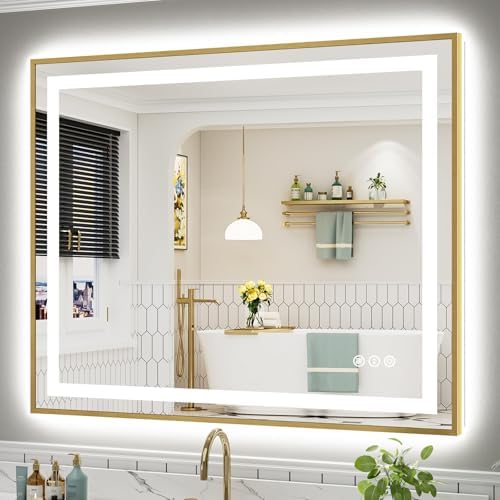 48x40 Inch LED Bathroom Mirror with Gold Frame, Backlit & Front Lit