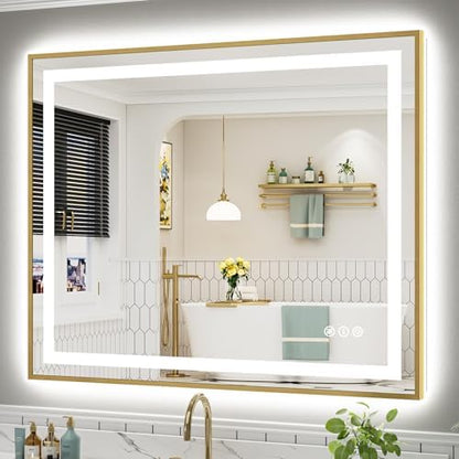 48x40 Inch LED Bathroom Mirror with Gold Frame, Backlit & Front Lit