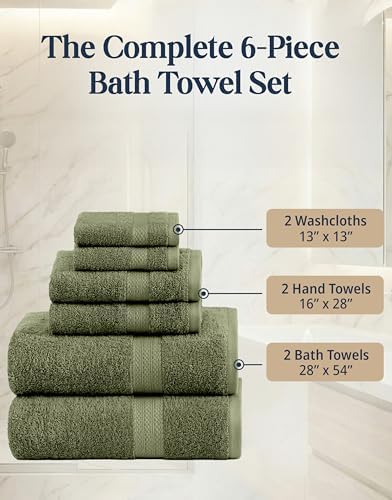 LANE LINEN Bath Towel Set 100% Cotton 6 Piece Soft Absorbent - Oil Green