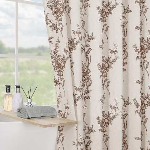 Brown Linen Farmhouse Shower Curtain, Boho Floral Bathroom 72x84