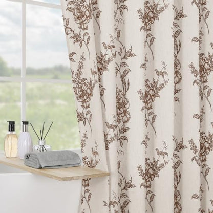Brown Linen Farmhouse Shower Curtain, Boho Floral Bathroom 72x84