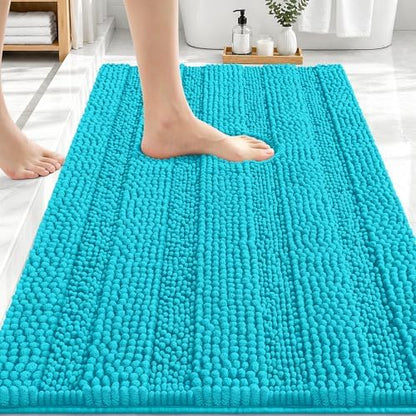 OLANLY Thick Bathroom Rugs 30x20, Soft Chenille Striped Bath Rugs, Aqua Sky