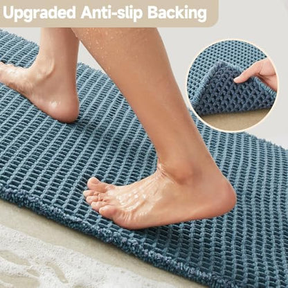 TYUU Waffle Bath Mat, Boho Bathroom Rugs Non Slip, 48x24 Denim Blue