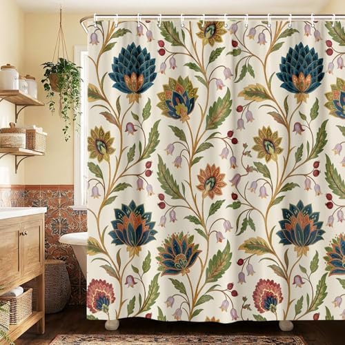 Vintage Floral Shower Curtain for Bathroom, Rustic Farmhouse Beige and Teal Sage Green Boho Botanical Shower Curtains, Retro Cottagecore Wildflower Aesthetic Bath Curtain Set with Hooks， 72 x 78 Inch