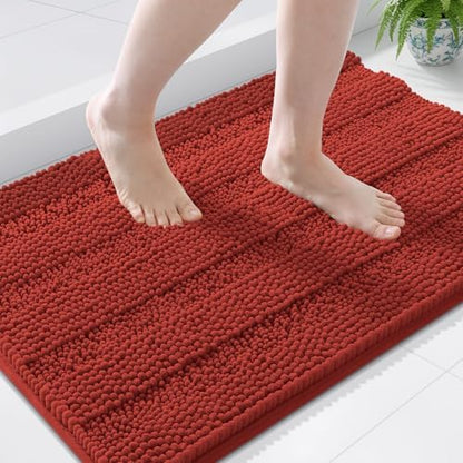 Grandaily Chenille Striped Bathroom Rugs 44x24, Extra Thick and Soft Absorbent Bath Mats, Rubber Backing, Plush Shaggy Shower Carpet, Machine Wash Dry, Bath Rug for Bathroom, Rustic Terracotta