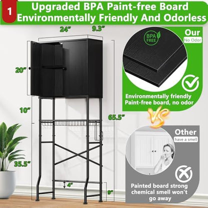 Over The Toilet Storage Cabinet - 2-Door Design Bathroom Organizers Shelf, Freestanding Space-Saver Above Toilet Storage Cabinet with Privacy Protection Rack, Water-Resistant Toilet Shelves (Black)