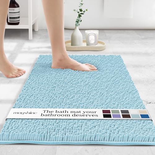 MAYSHINE Standard Plush Shaggy Chenille Bath Mat 32"x20" Extra Soft, Super Absorbent, Non-Slip Bathroom Rug | Fluffy Microfiber, Area Rug Sets for Bathroom Floor, Kitchen, Living Room| Spa Blue