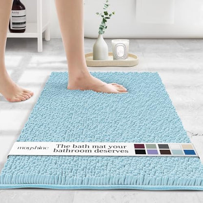 MAYSHINE Standard Plush Shaggy Chenille Bath Mat 32"x20" Extra Soft, Super Absorbent, Non-Slip Bathroom Rug | Fluffy Microfiber, Area Rug Sets for Bathroom Floor, Kitchen, Living Room| Spa Blue