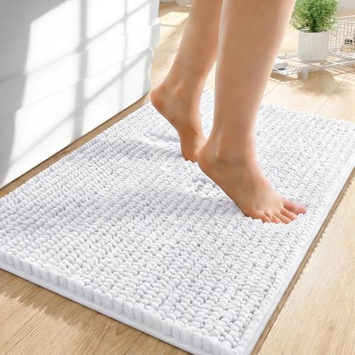 OLANLY Thick Chenille Small Bathroom Rugs 24x16, Absorbent Bath Mat, White