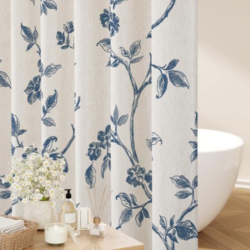 MitoVilla Blue Linen Floral Shower Curtain for Bathroom, 72 x 72