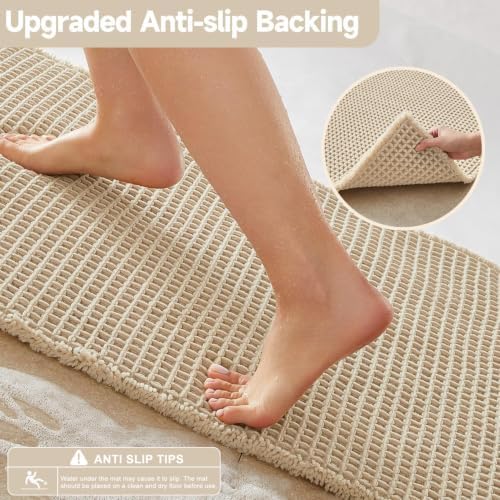 TYUU Waffle Bath Mat, Small Boho Bathroom Rugs Non Slip 24x16 Pale Beige