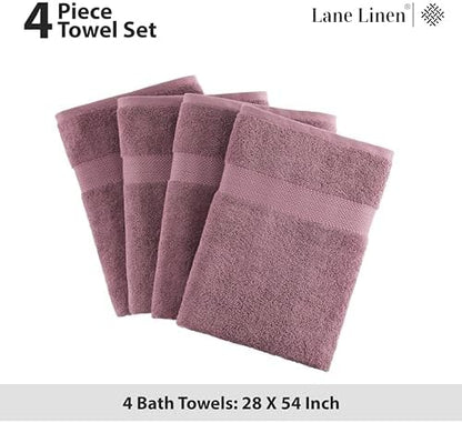 LANE LINEN Bath Towel Set Quick Dry 100% Cotton 4 Piece - Wishful Mauve