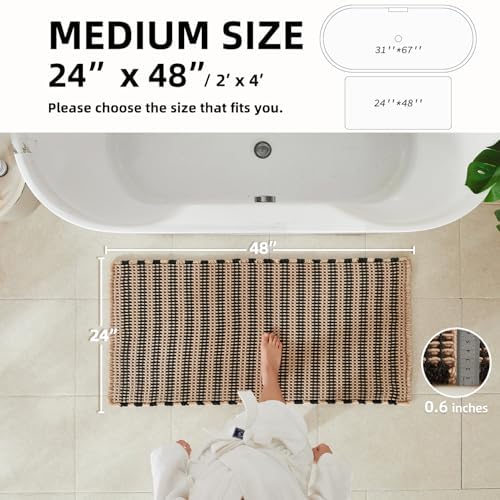 TYUU Waffle Bath Mat, Boho Bathroom Rugs Non Slip, 48x24 Black & Khaki