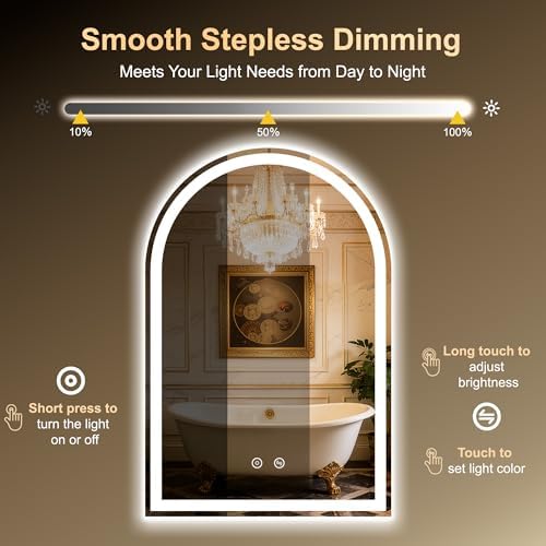 Arched LED Lighted Bathroom Mirror with Lights 24"x36"Smart Anti-Fog