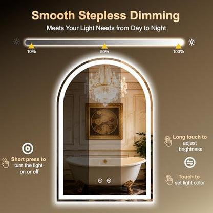 Arched LED Lighted Bathroom Mirror with Lights 24"x36"Smart Anti-Fog