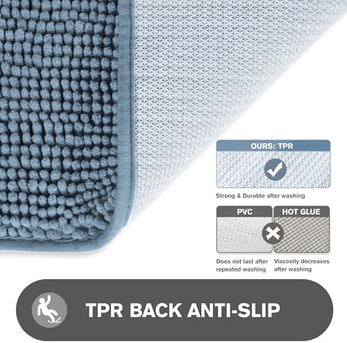 Blue Bathroom Rugs Sets 2 Piece – Absorbent and Washable Bath Mat, Non-Slip, Thick Soft Chenille Bath Rugs for Bathroom Floor, Shower, Sink - 20" x 32"+24" x 36"
