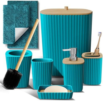 Clara Clark Bathroom Set - Teal Bathroom Accessories Set, 6PC Bathroom Accessory Set, Bathroom Sets with Bathroom Rugs, Toilet Brush, Trash Can & Soap Dispenser