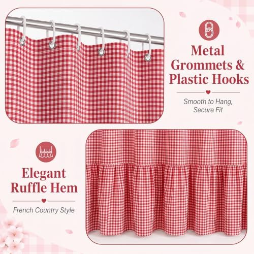 HunnmingRe Ruffle Hem Gingham Shower Curtain Red