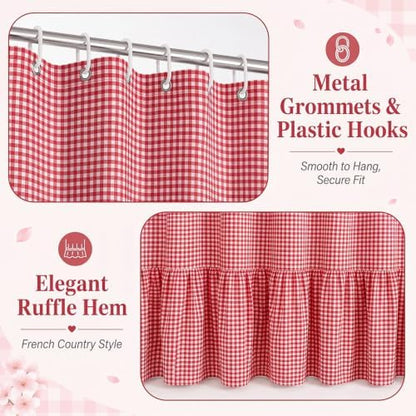 HunnmingRe Ruffle Hem Gingham Shower Curtain Red