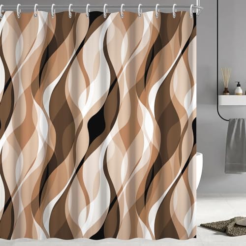 Brown Striped Shower Curtain with Hooks for Bathroom 72x96 Inch