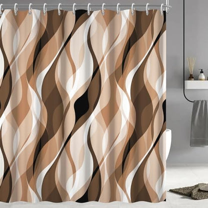 Brown Striped Shower Curtain with Hooks for Bathroom 72x96 Inch