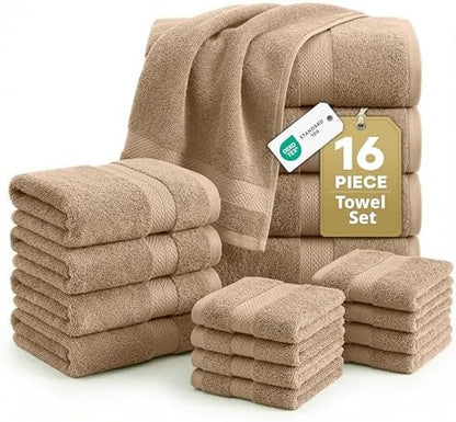 LANE LINEN Towel Set Quick Dry 100% Cotton 16 Piece Soft Absorbent - Taupe