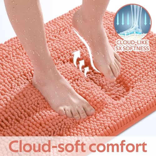 ACCUMTEK Striped Coral Bathroom Rug Mat Set 2 piece 32"x20"+60"x20" Ultra Soft, Non Slip Chenille Bath Rugs, Absorbent Plush Shaggy Bath Mats for Bathroom, Bedroom, Kitchen, Shower, Tub