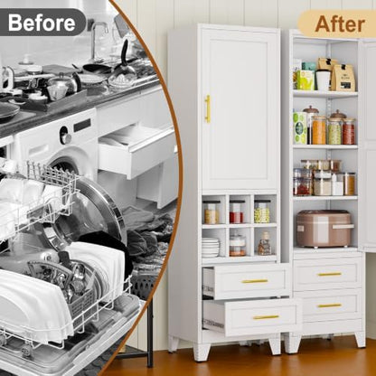 Tall Metal Narrow Storage Cabinet 67" H with 2 Drawer,White Kitchen Pantry Cabinets with 2 Adjustable Shelves and Door,Cuby Storage Orgainzer,Tall Bathroom Cabinet for Kitchen, Home Office,Dining Room
